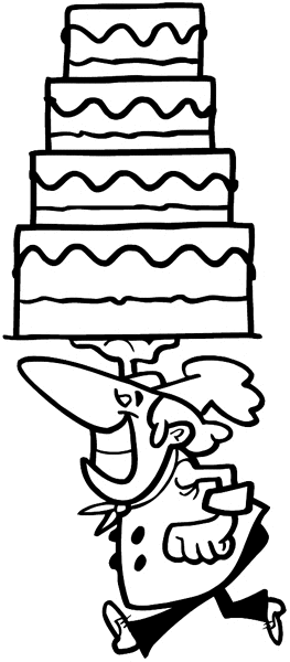Baker carrying four tiered wedding cake vinyl sticker. Customize on line.      Bakers 007-0153  